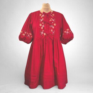 ODDI Red Embroidery Front Tie Baby Doll Dress, Puff Sleeves, NWT! Size 2XL